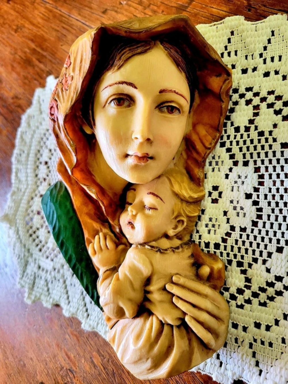 Romani Religious Madonna and Child Wall Sculpture in Brown
